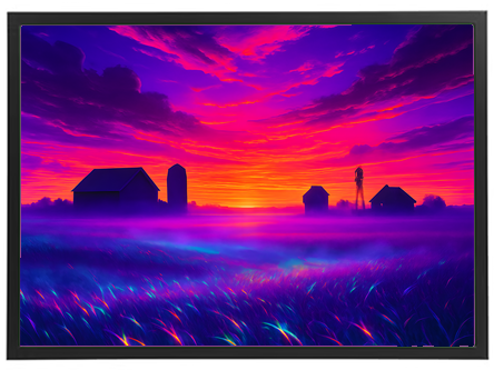 Et dramatisk landskab med farverige himmelstræk og silhuetter af bygninger i det fjerne.