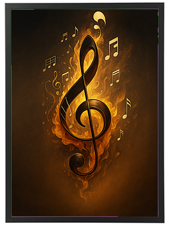 En kreativ illustration af en musiknøgle omgivet af flammer og musiknoter.