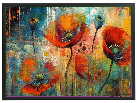 Et livligt maleri med røde valmuer og en farverig, abstrakt baggrund.