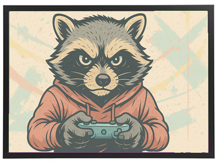 En tegneserieagtig vaskebjørn iført en hættetrøje, der spiller videospil.