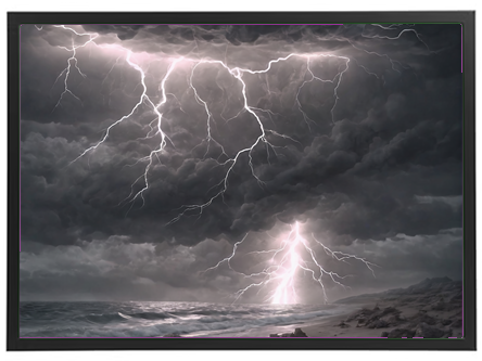 En dramatisk himmel fyldt med lyn over havet, omgivet af mørke skyer.