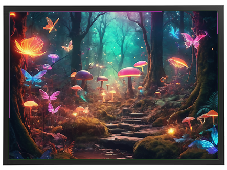 En farverig og drømmeagtig skovscene med lysende svampe, sommerfugle og en mystisk atmosfære.