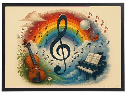 Et farverigt billede med en regnbue, musiknoder, en violin og et klaver.