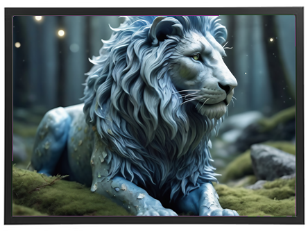 En surrealistisk blå løve hviler i en frodig skov med glimt af lys omkring sig.