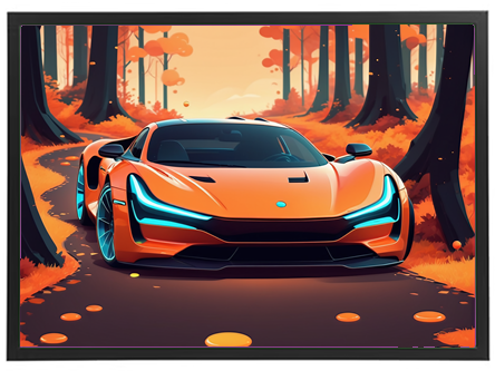 En stiliseret orange sportsvogn kører langs en skovvej i et farverigt efterårslandskab.