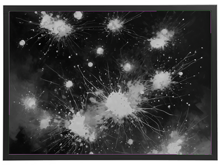 Et dynamisk billede med sorte og hvide sprøjt og stænk, der skaber en dramatisk effekt.