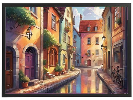 En farverig gade med maleriske bygninger, lamper og en stille kanal, der reflekterer omgivelserne.