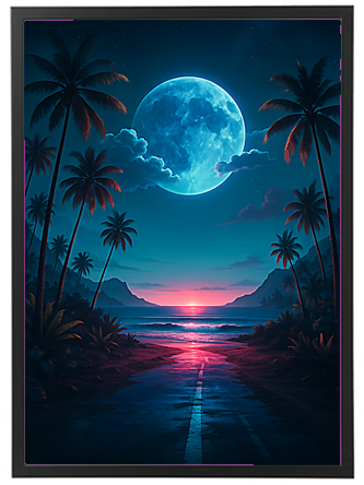 En dramatisk nattehimmel med en stor måne og palmer ved en stille strand.