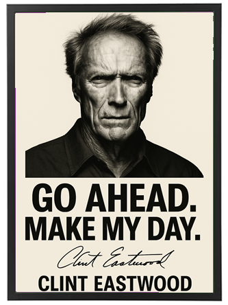 Et ikonisk billede af Clint Eastwood med citatet Go ahead. Make my day.