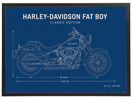 Illustration af Harley-Davidson Fat Boy i klassisk design med mål.