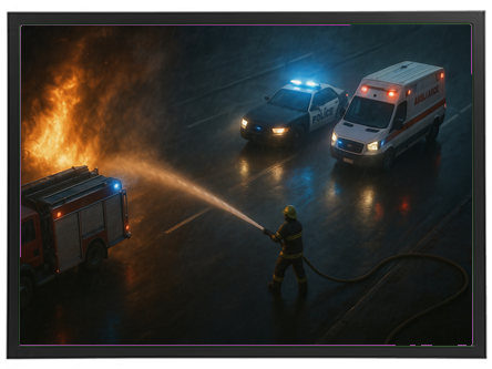 En brandmand slukker en ild med en slange, mens politi og ambulance er til stede.