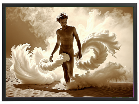 En mand står i en drømmeagtig scene, omgivet af svævende skyer og sand.