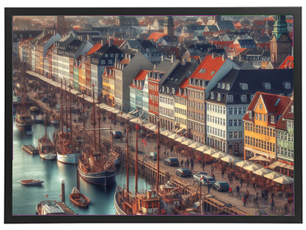 En betagende panoramaudsigt over farverige bygninger og både i Københavns havn.