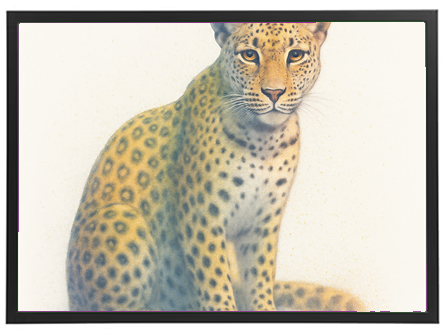 Et kunstnerisk billede af en leopard med karakteristiske pletter og en intens blik.