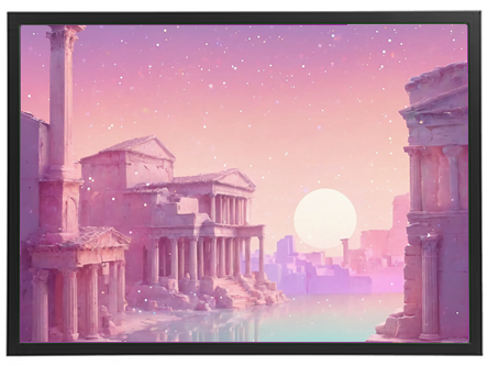 Et malerisk landskab med antikke ruiner og en stor, blød sol i en pastel farvet himmel.