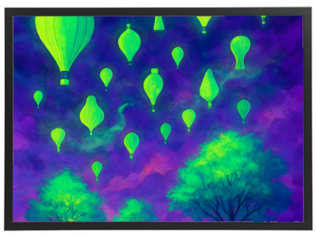 En farverig illustration med svævende grønne balloner over en drømmende landskab.