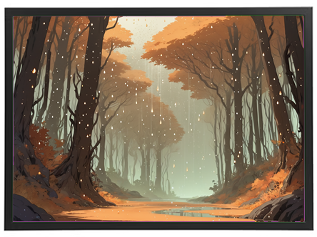 En stemningsfuld skovscene med efterårsfarver og let regn, der skaber en drømmende atmosfære.