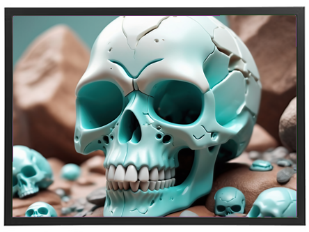 Et kunstværk med en stor, mintfarvet kraniet blandt mindre kranier og sten.