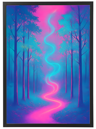 Et surrealistisk skovlandskab med farverige neon nuancer og en lys sti, der fører ind i dybden.