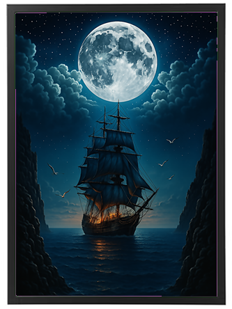 Et malerisk skib sejler under en lysende fuldmåne, omgivet af mørke klipper og stjerner.