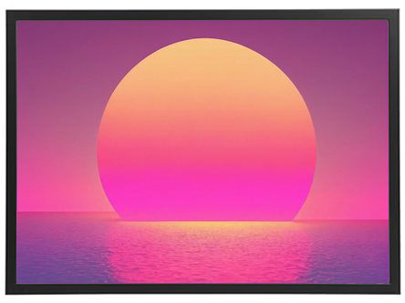 Et farverigt billede af en stor sol, der synker ned i havet, omgivet af nuancer af pink og orange.