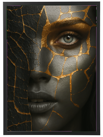 Et nærbillede af et ansigt med en sort og guldmasket overflade, der skaber en dramatisk effekt.