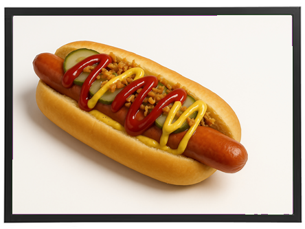 En appetitlig hotdog med pølse, agurk, ketchup, sennep og sprøde løg i en blød bolle.