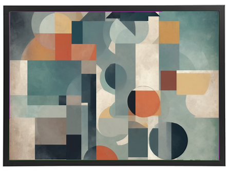 Et moderne abstrakt maleri med geometriske former og farver i nuancer af blå, orange og beige.