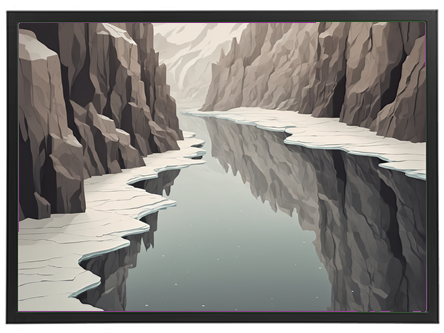 Et stiliseret billede af en smal elv omkranset af klipper og is.