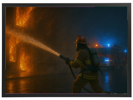 En brandmand kæmper mod flammerne med en slukningsslange, mens regnen falder.