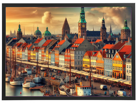 En smuk udsigt over Københavns farverige bygninger og havn ved solnedgang.