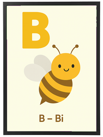 Illustration af bogstavet B med en sød bi, der repræsenterer ordet Bi.