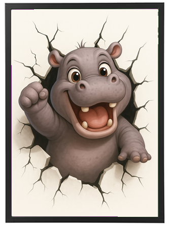 En tegneserieagtig flodhest smiler og rækker en pote ud fra et hul i væggen.