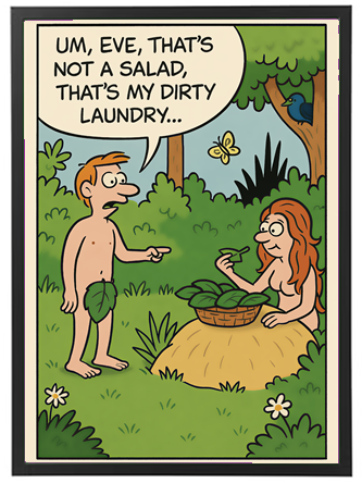 En komisk scene mellem to karakterer i en skov, hvor en mand påpeger, at en kvinde plukker hans snavsetøj i stedet for en salat.