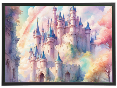 Et smukt slot omgivet af farverige træer og en regnbue, malet i bløde pastelfarver.