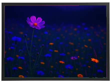 En smuk blomstereng med farverige blomster i nuancer af lilla, blå og orange.