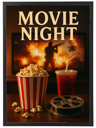 Et billede af en film aften med popcorn, en drink og en filmrulle i forgrunden.