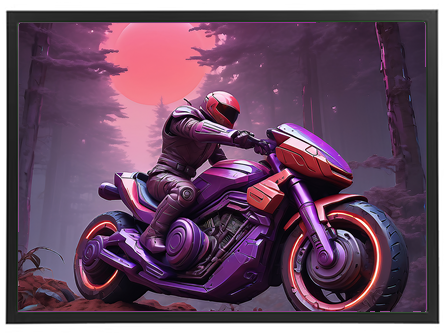 En futuristisk figur kører på en violet motorcykel i en skov med en stor rød måne.