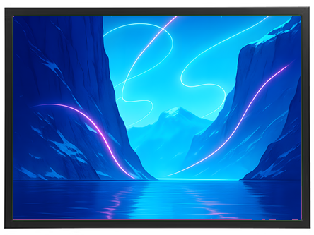 Et digitalt landskab med en blå fjord omgivet af bjerge og lysstræk i himlen.