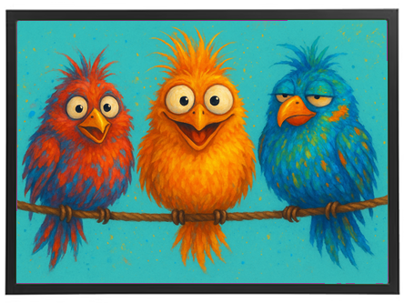 Tre cartoon-lignende fugle i klare farver sidder på en gren mod en blå baggrund.