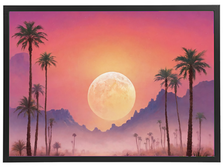 En smuk solnedgang med en stor måne og palmetræer i forgrunden.