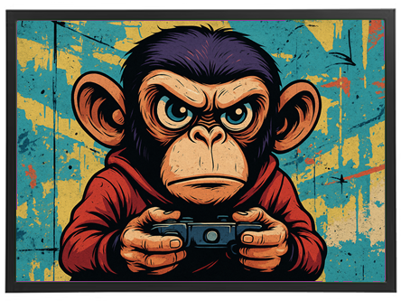 Et farverigt, grafisk billede af en abe, der spiller videospil med intense øjne.