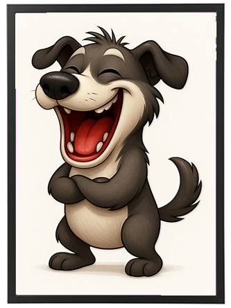 En tegneserieagtig hund, der smiler stort og ser glad ud.