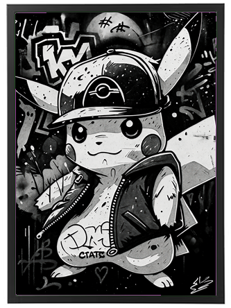 Et stiliseret billede af Pikachu i graffiti-stil, iført en kasket og læderjakke.