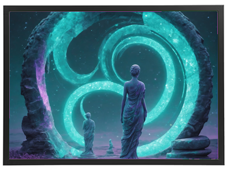 En mystisk scene med to statuer ved en lysende portal i en stjerneklar nattehimmel.