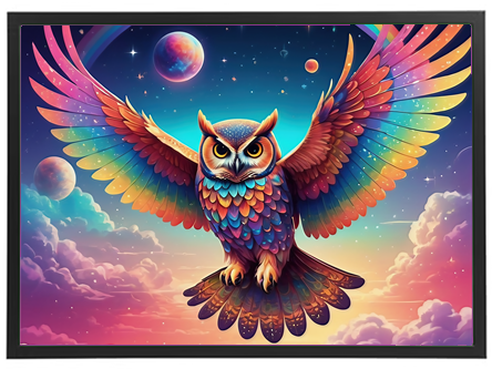 En farverig ugle med udstrakte vinger svæver gennem et stjernet fuld af planeter og skyer.