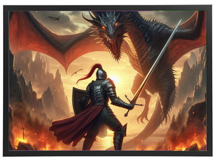 En ridder står mod en mægtig drage i en dramatisk kamp i en vulkansk landskab.