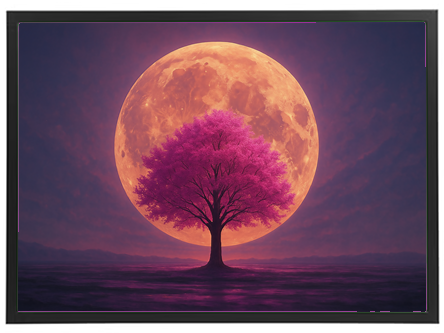 Et smukt lyserødt træ står foran en stor, lysende måne i en drømmende nattehimmel.