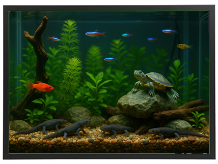 Et akvarium med en skildpadde, forskellige fisk og grønne planter, der skaber en livlig scene.