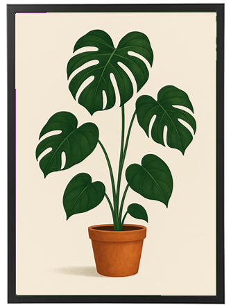 Et kunstnerisk billede af en Monstera-plante i en lerpotte, med store, grønne blade.